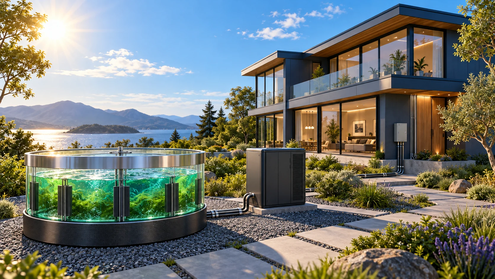 Concept illustration of a living-energy system beside a home